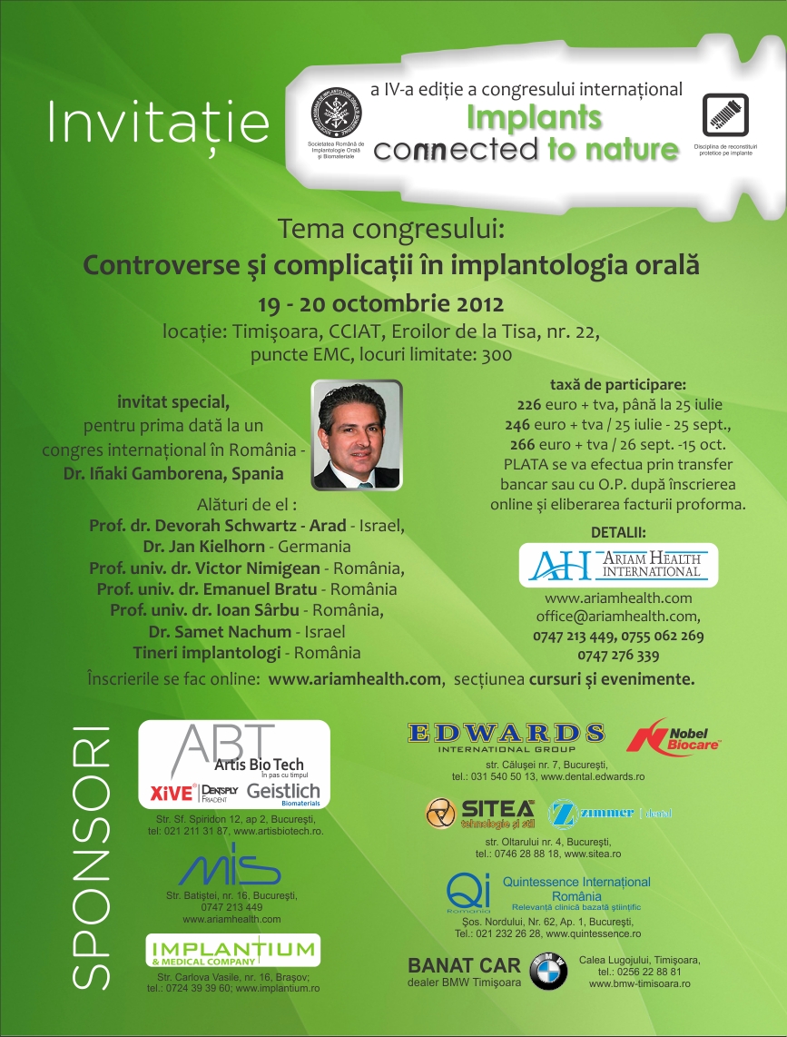 Anunt congres Implants connected to nature 2012 Timisoara
